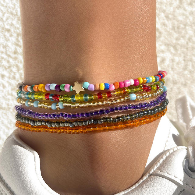 Boho colorful seed bead anklet set