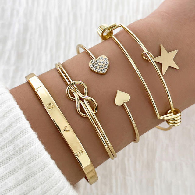 4pcs gold color star heart metal bangle bracelet set