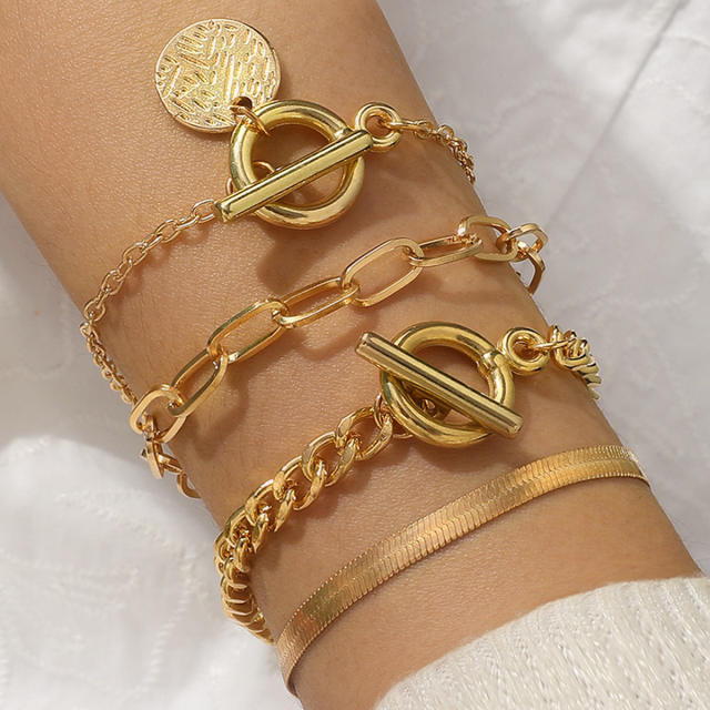 4pcs gold color metal chain toggle coin charm bracelet set