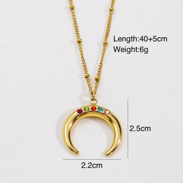14K enamel moon coin pendant stainless steel necklace