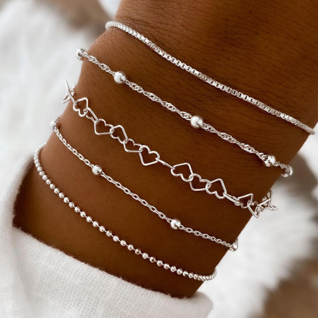 5pcs silver color easy match chain bracelet set
