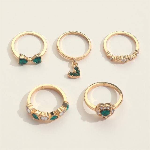 5pcs emerald rhinestone statement alloy stackable rings set