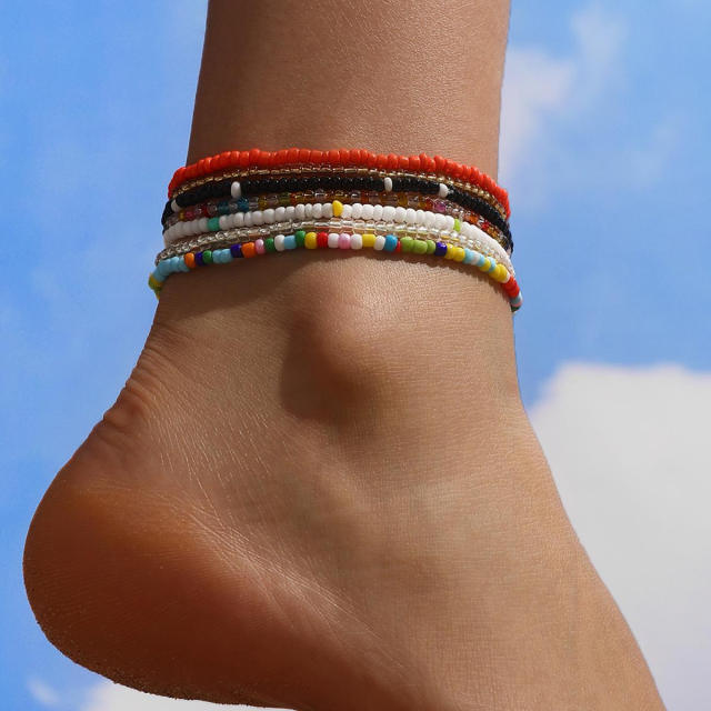 Boho colorful seed bead anklet set