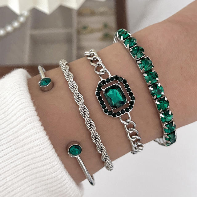 4pcs punk trend emerald rhinestone rope chain bracelet set