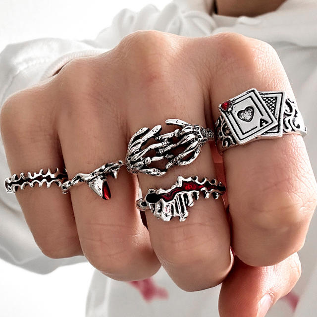 Gothic punk trend blood skull hand rings set for men