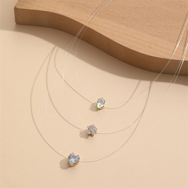 Dainty clear fish wax rhinestone layer necklace