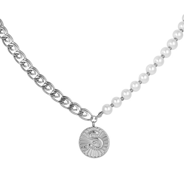 Hiphop silver color stainless steel chain pearl bead coin necklace for men