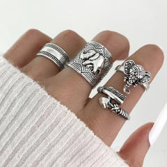 Hiphop vintage silver color punk elephant feather finger rings set