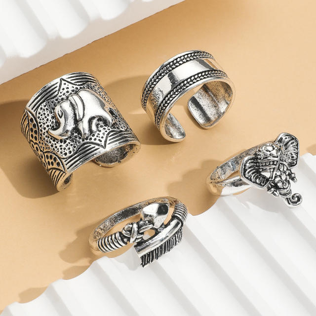 Hiphop vintage silver color punk elephant feather finger rings set