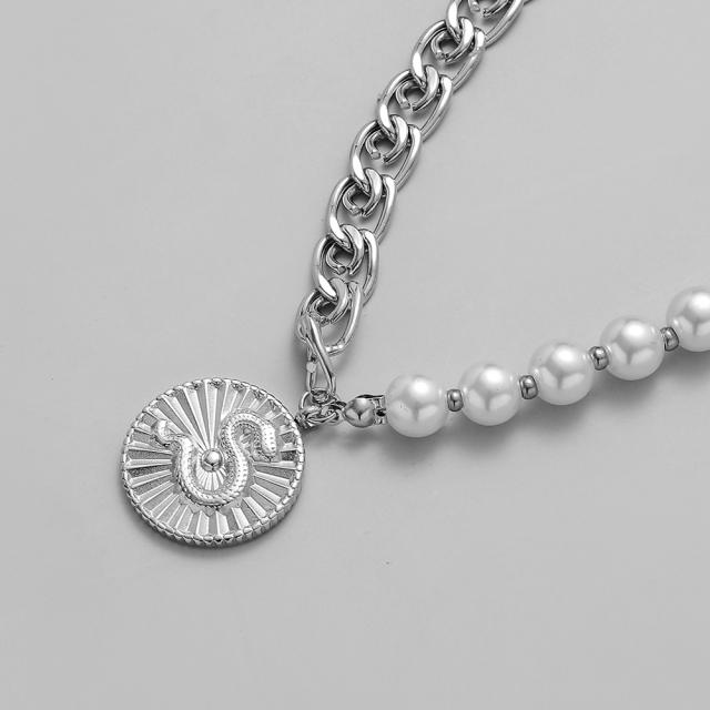 Hiphop silver color stainless steel chain pearl bead coin necklace for men