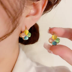 Elegant colorful opal stone petal flower copper huggie earrings