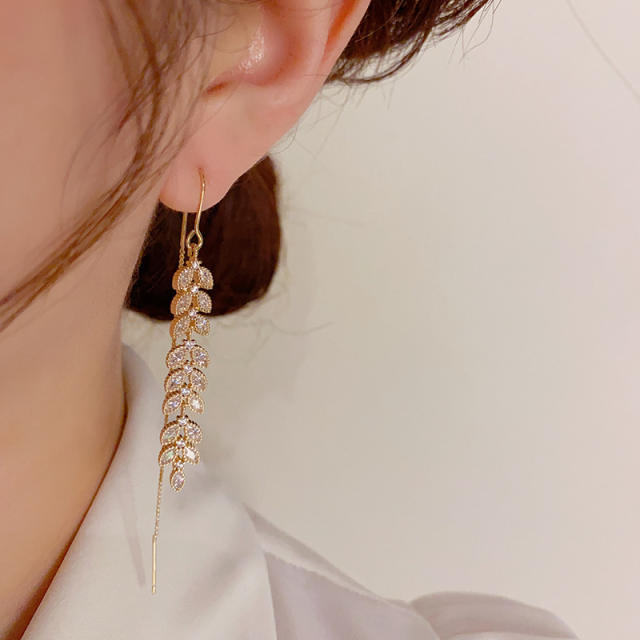 Korean fashion diamond wheat shape real gold plated copper threader earrings