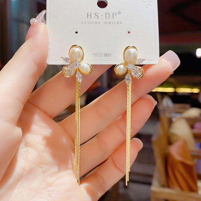 Korean fashion pearl cubic zircon chain tassel earrings