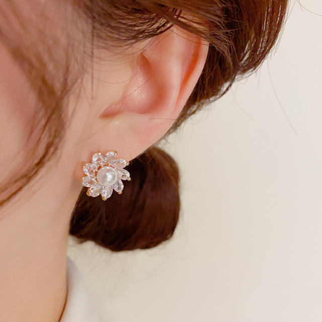 925 needle diamond flower gold plated copper studs earrings