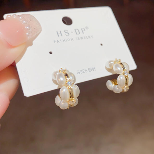 Chic pearl bead real gold plated copper open hoop earrings