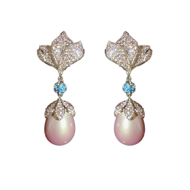 925 needle pink pearl diamond flower copper drop earrings