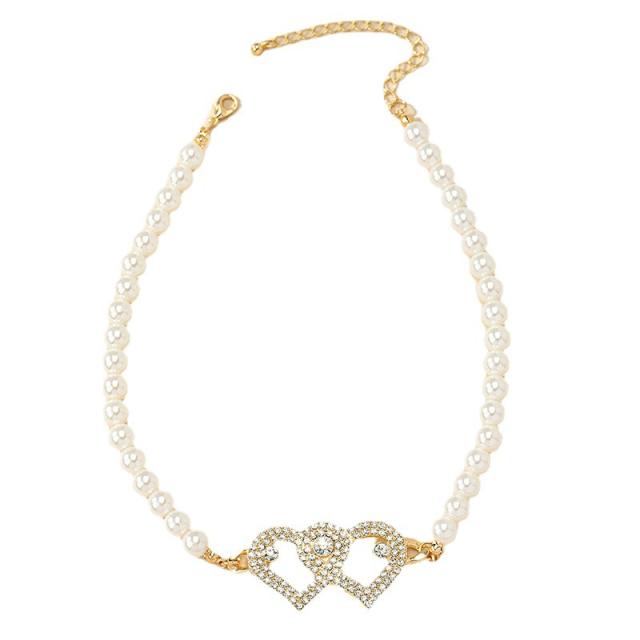 Personality diamond heart pearl bead choker necklace