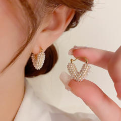 Sweet tiny pearl bead v shape real gold plated copper hoop earrings