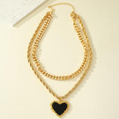 Hiphop Chunky rope chain black heart pendant cuban link chain two layer necklac
