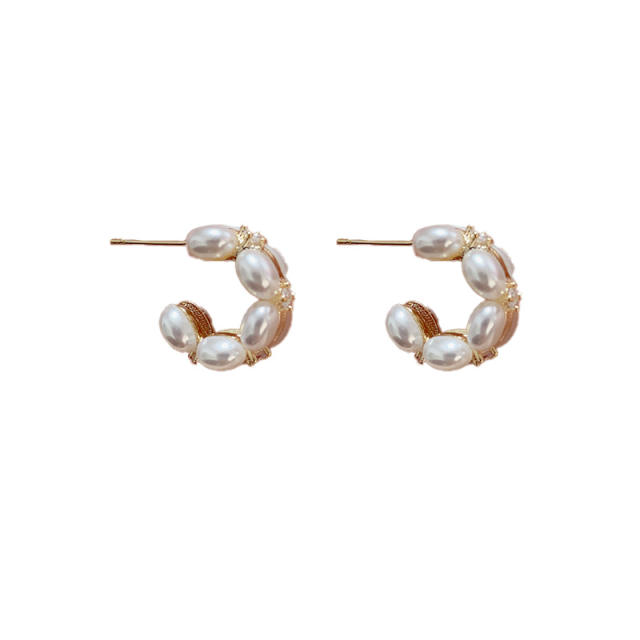 Chic pearl bead real gold plated copper open hoop earrings
