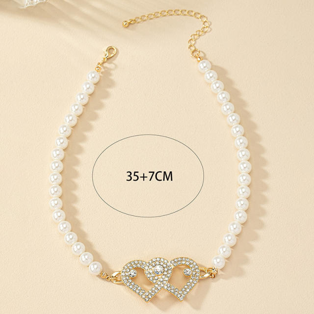 Personality diamond heart pearl bead choker necklace