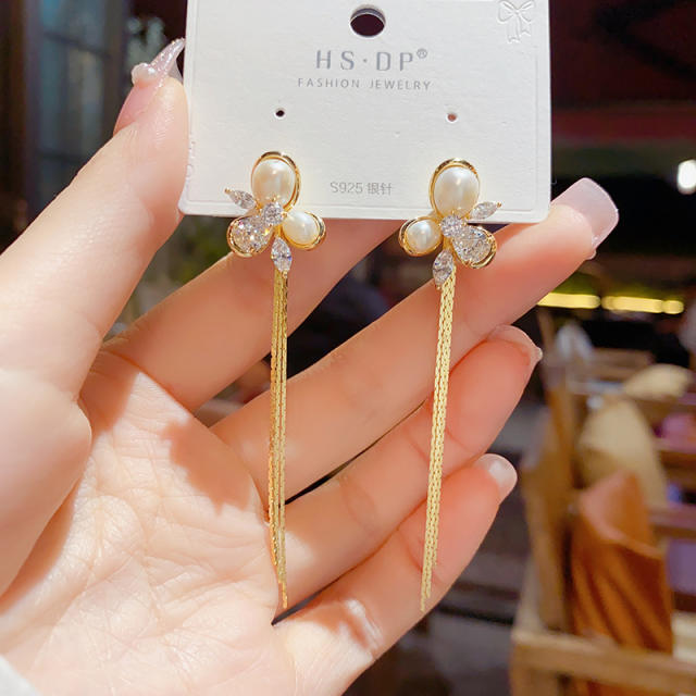 Korean fashion pearl cubic zircon chain tassel earrings