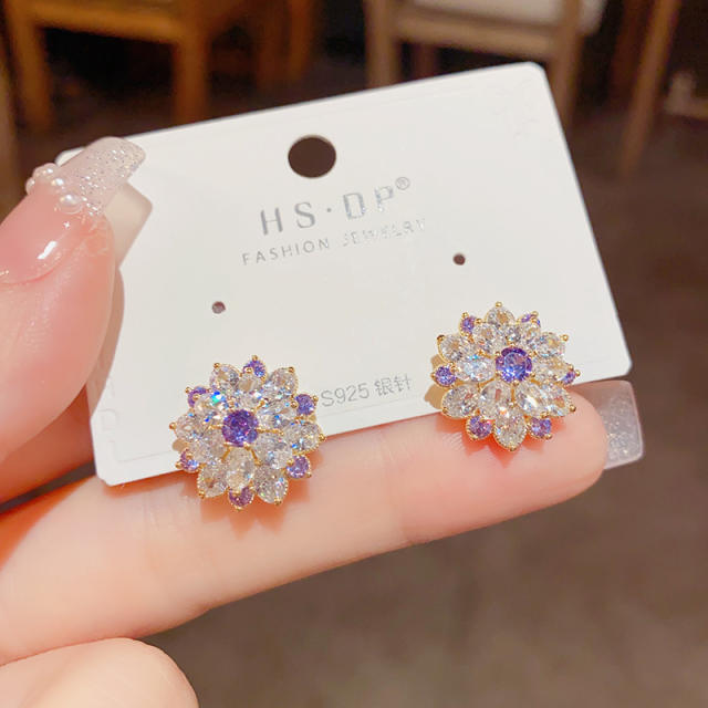 Delicate colorful cubic zircon snowflake copper studs earrings