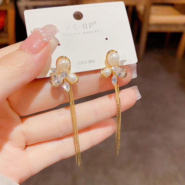 Korean fashion pearl cubic zircon chain tassel earrings