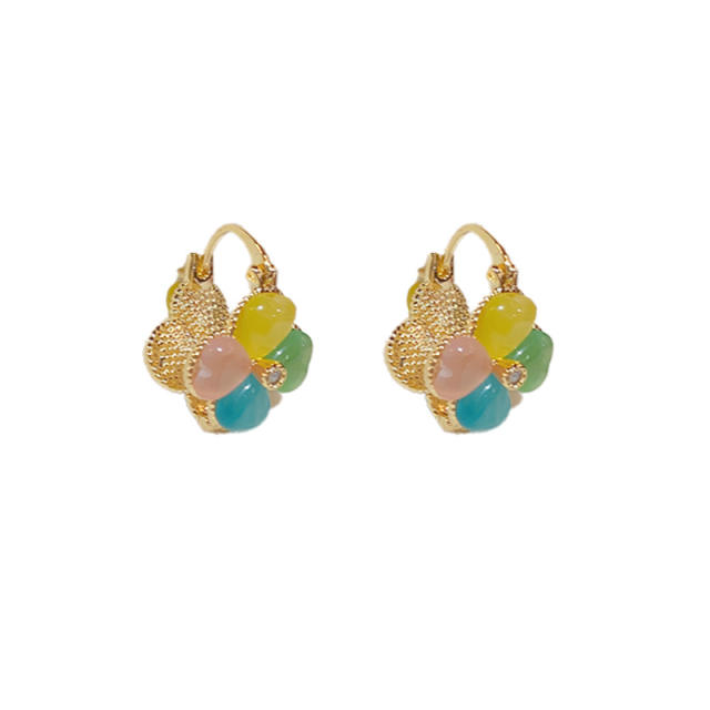 Elegant colorful opal stone petal flower copper huggie earrings
