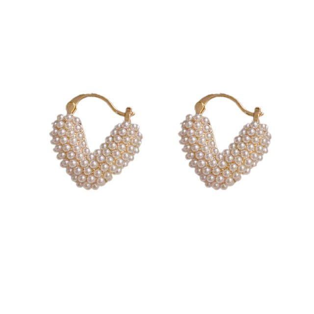 Sweet tiny pearl bead v shape real gold plated copper hoop earrings