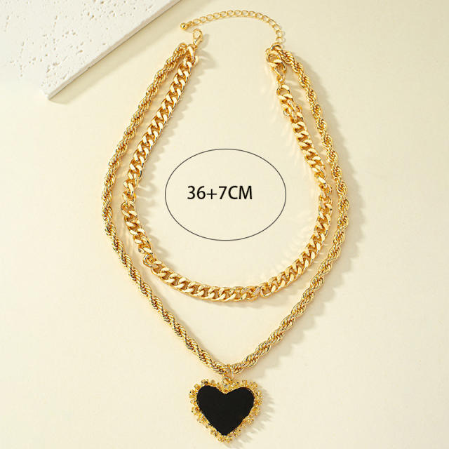 Hiphop Chunky rope chain black heart pendant cuban link chain two layer necklac
