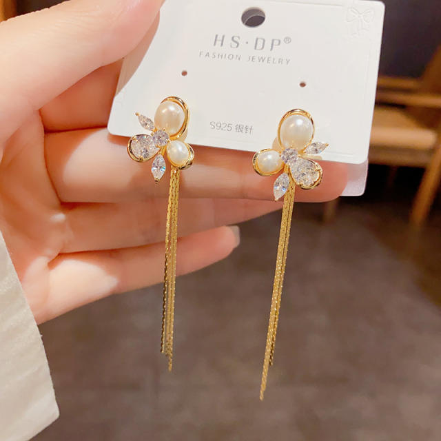 Korean fashion pearl cubic zircon chain tassel earrings