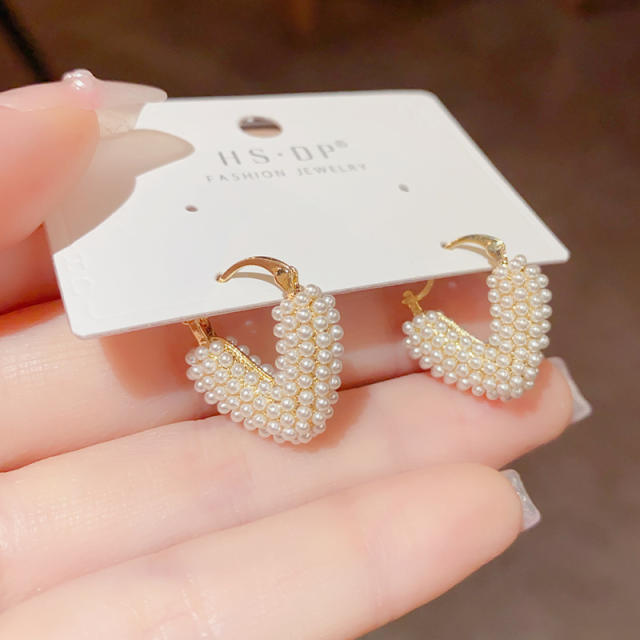 Sweet tiny pearl bead v shape real gold plated copper hoop earrings