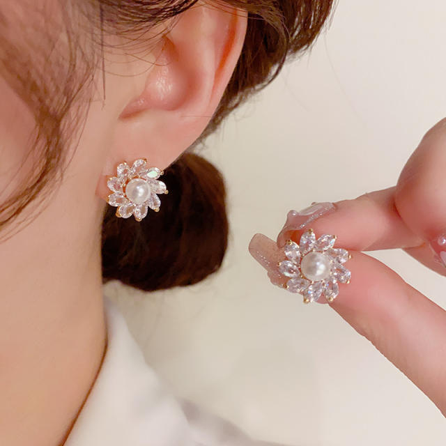 925 needle diamond flower gold plated copper studs earrings