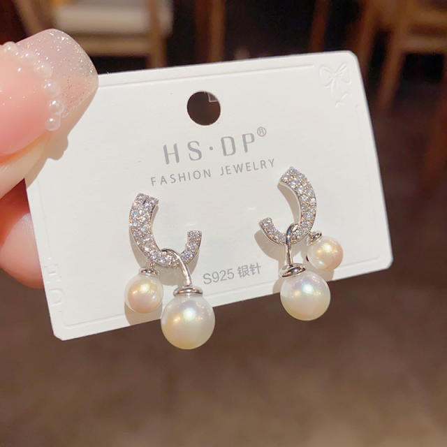 925 needle elegant pearl bead diamond women earrings