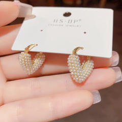 Sweet tiny pearl bead v shape real gold plated copper hoop earrings