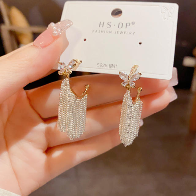 Sweet cubic zircon diamond butterfly chain tassel earrings