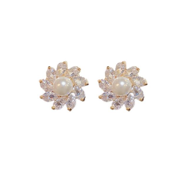 925 needle diamond flower gold plated copper studs earrings