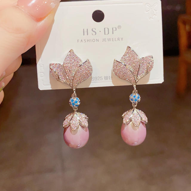 925 needle pink pearl diamond flower copper drop earrings