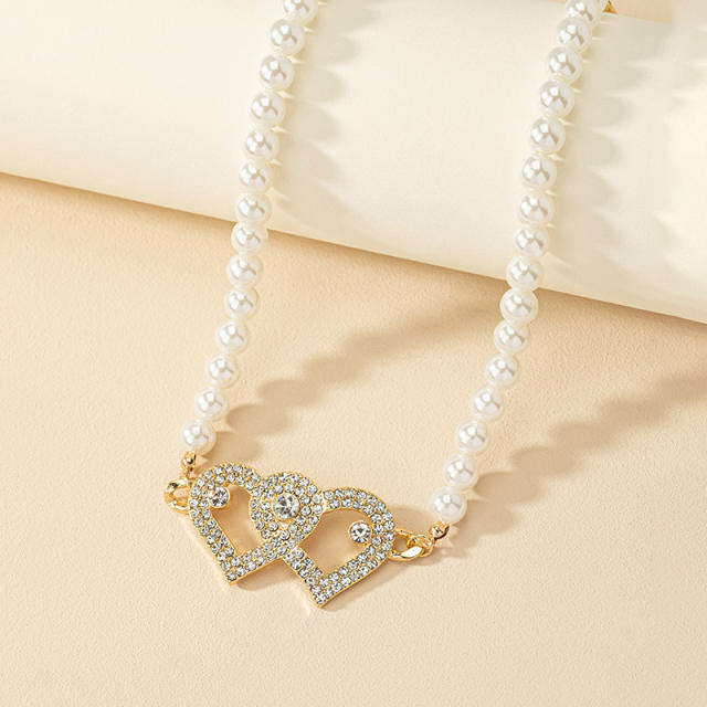 Personality diamond heart pearl bead choker necklace