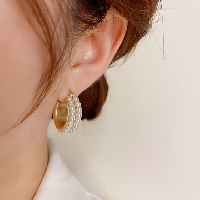 Personality pearl bead bold hoop earrings