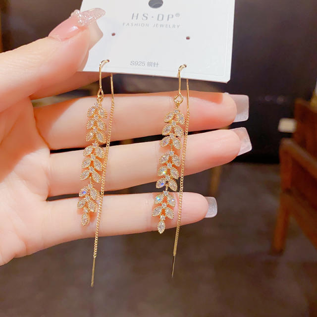 Korean fashion diamond wheat shape real gold plated copper threader earrings