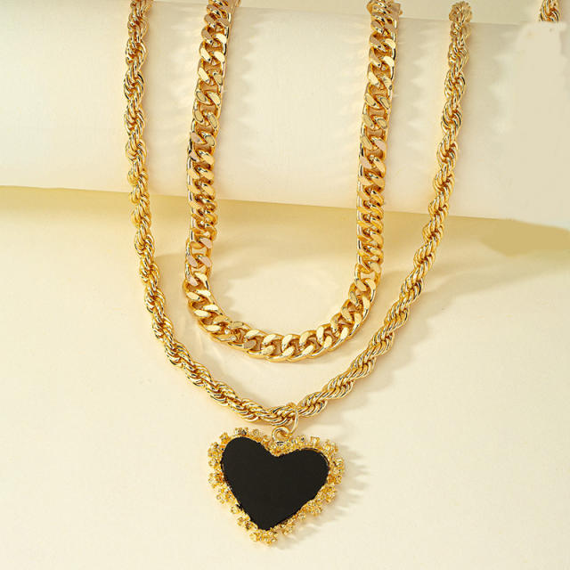 Hiphop Chunky rope chain black heart pendant cuban link chain two layer necklac