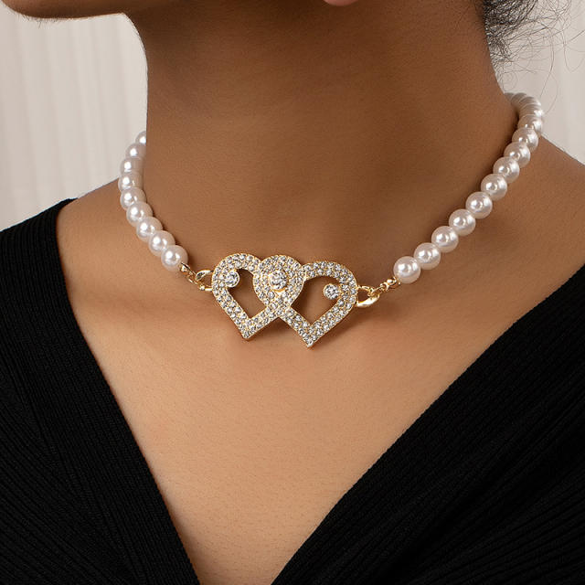 Personality diamond heart pearl bead choker necklace