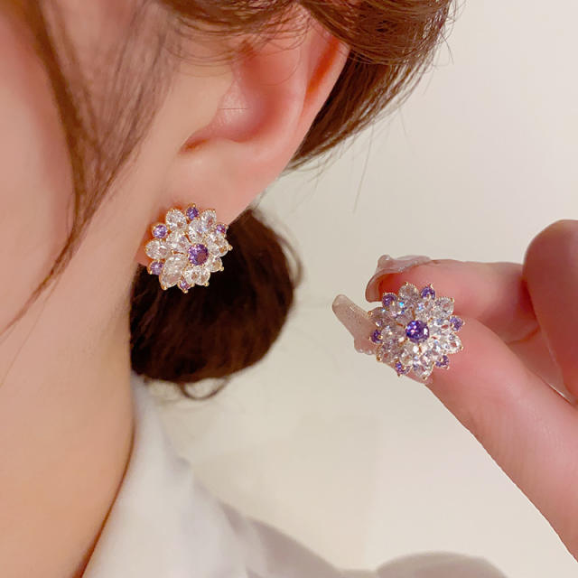 Delicate colorful cubic zircon snowflake copper studs earrings