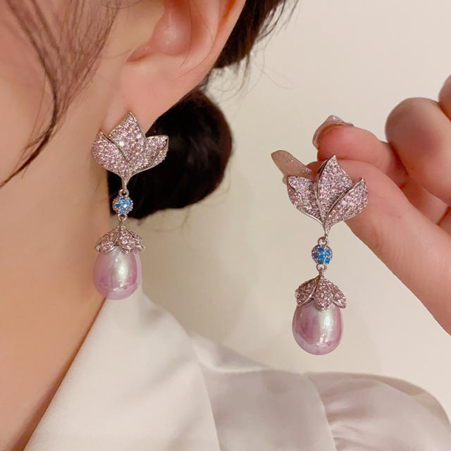 925 needle pink pearl diamond flower copper drop earrings