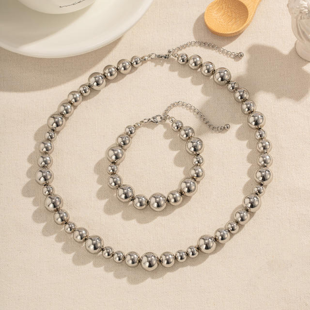 INS easy match silver color chunky ball bead stainless steel necklace set