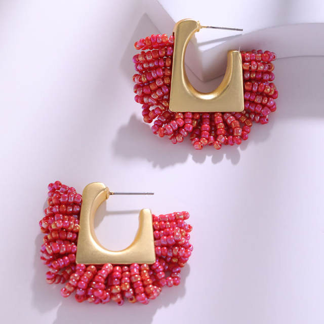 Vintage boho colorful seed bead handmade open hoop earrings