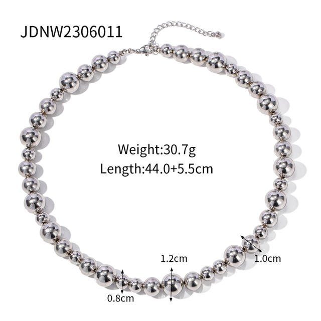 INS easy match silver color chunky ball bead stainless steel necklace set