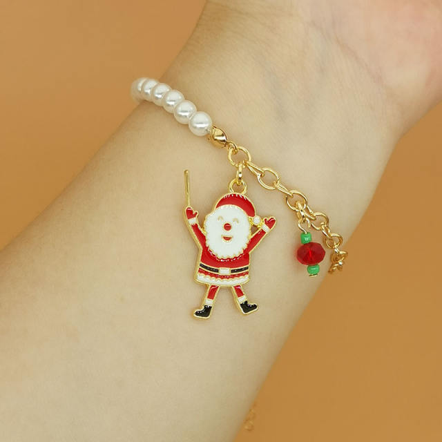 Christmas series enamel charm faux pearl bead bracelet